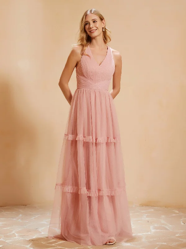 V-neck Pleated Ruffle Floor-length Tulle Dress Dusty Rose Women's Clothing For Holiday Travel Women's Clothing For Holiday Travel