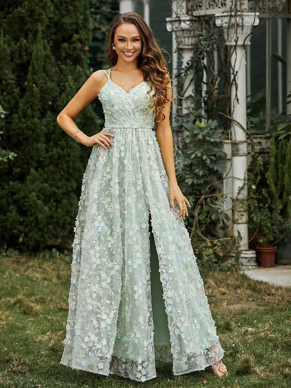 V-neck Appliqued Flowers Dress With Slit Dusty Sage Plus-Size Women's Clothing Plus-Size Women's Clothing