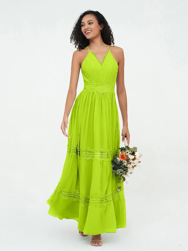 Lace and Chiffon Tiered Skirt Boho Dresses-Lime Green Luxury Women's Clothing Luxury Women's Clothing