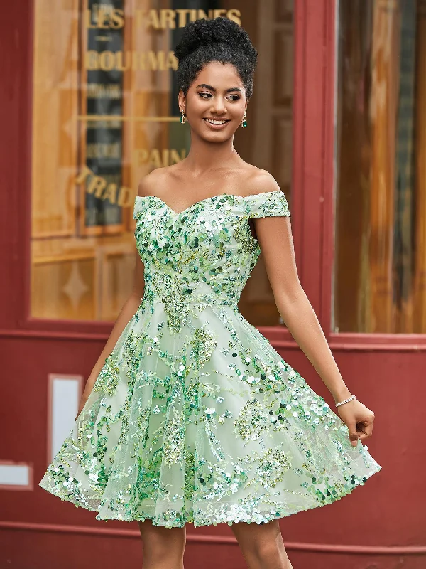 Sequins A-Line Off Shoulder Short HOCO Dress Sage Women's Workout Clothing Women's Workout Clothing