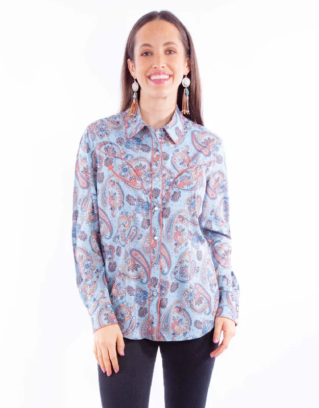 Scully Womens Western Paisley Blue 100% Rayon L/S Shirt Women's Party Clothes Women's Party Clothes