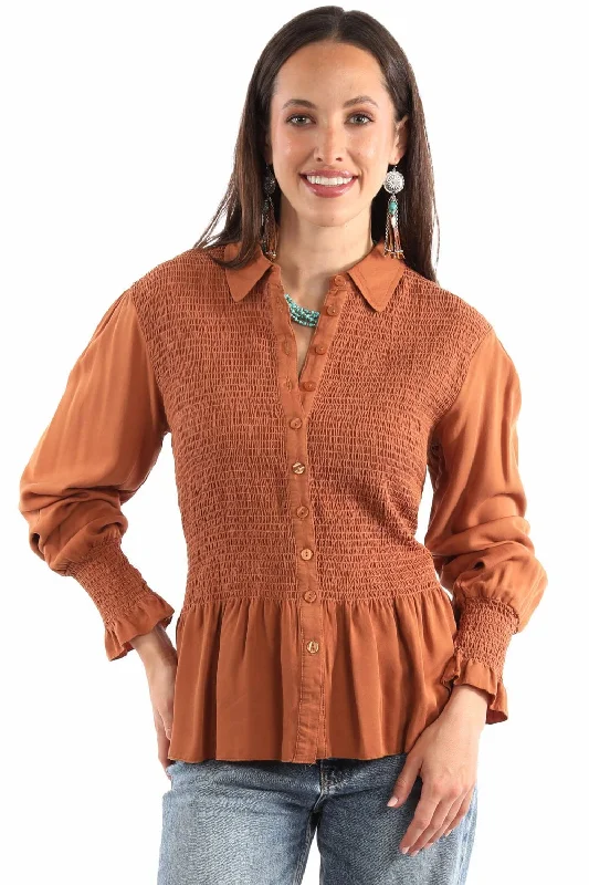 Scully Womens Smocked Peplum Terracotta 100% Rayon L/S Blouse Comfortable Casual Wear Comfortable Casual Wear