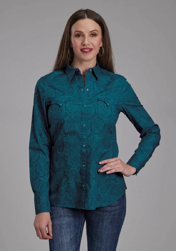 Roper Womens 2167 Tonal Paisley Green 100% Cotton L/S Shirt Minimalist Women's Fashion Clothing Minimalist Women's Fashion Clothing