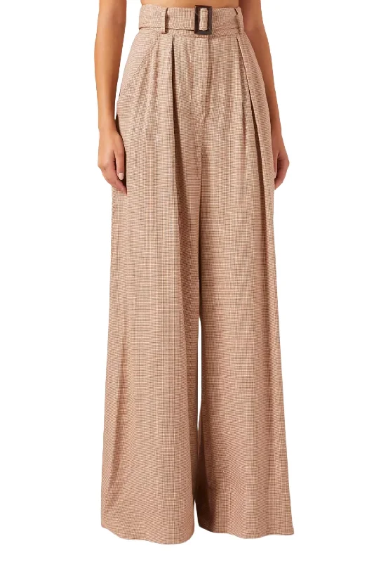 Wide Leg Pleated Pants In Rust Houndstooth Women's Night-Out Outfit Women's Night-Out Outfit