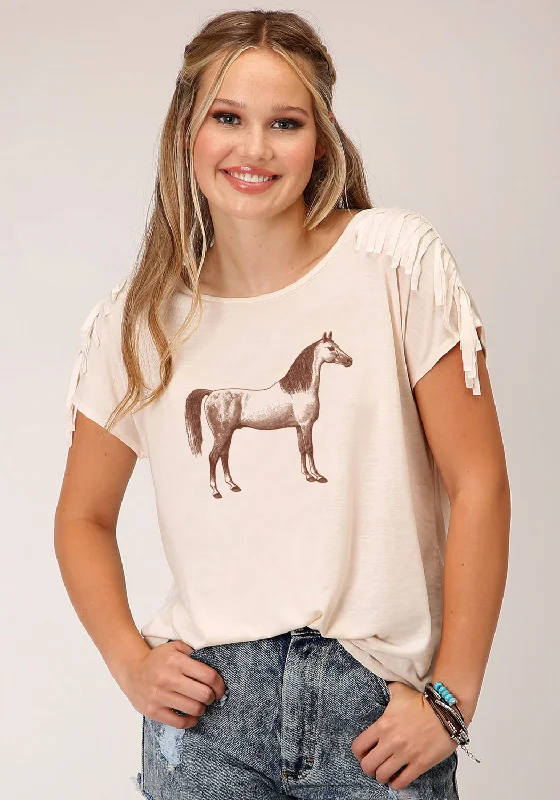 Roper Womens Brown Horse Cream Poly/Rayon S/S T-Shirt Comfortable Outfit For Women Comfortable Outfit For Women