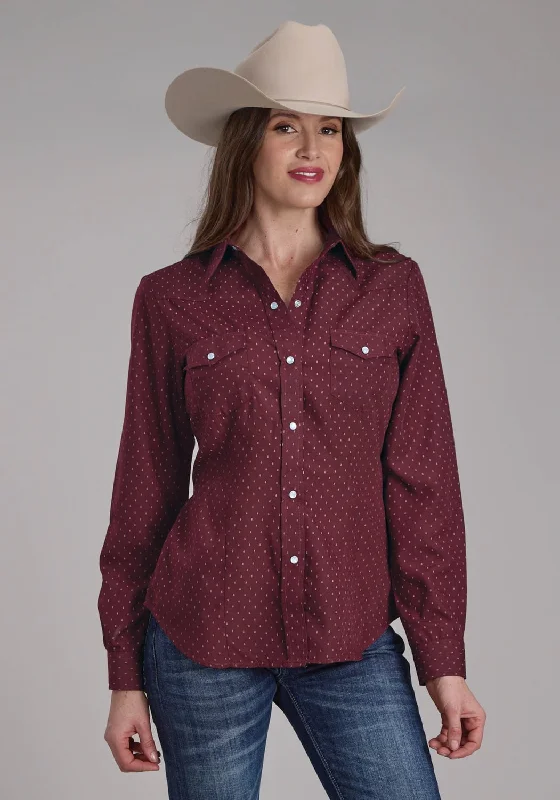 Roper Womens 2287 Dot Print Wine Cotton Blend L/S Shirt Women's Clothes Women's Clothes