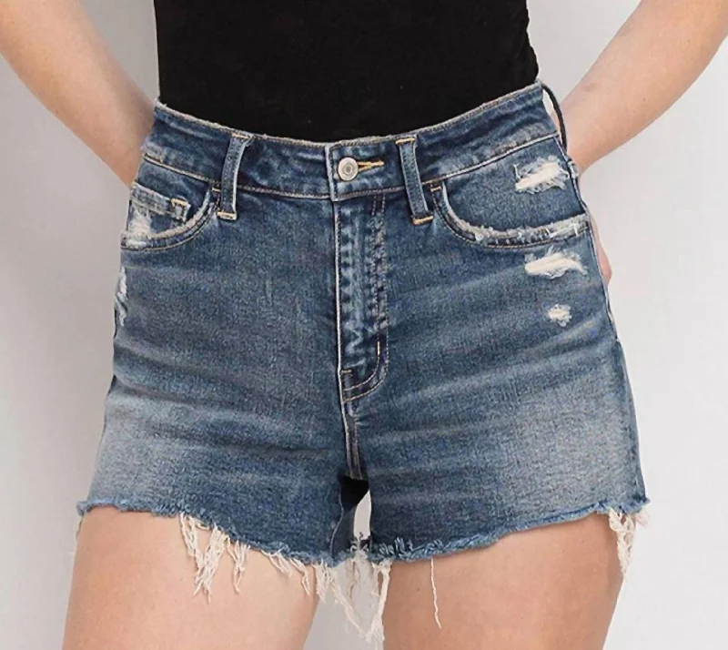 High Rise Raw Hem Shorts In Blue Trendy Women's Apparel Trendy Women's Apparel