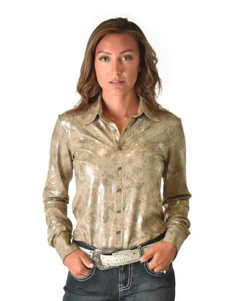 Cowgirl Tuff Womens Metallic Snakeskin Tan Polyester L/S Shirt Women's Festive Attire Women's Festive Attire