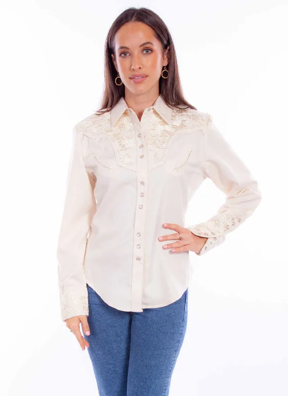 Scully Womens Embroidered Floral Ivory Poly/Rayon L/S Shirt XS New Arrival Discounts New Arrival Discounts