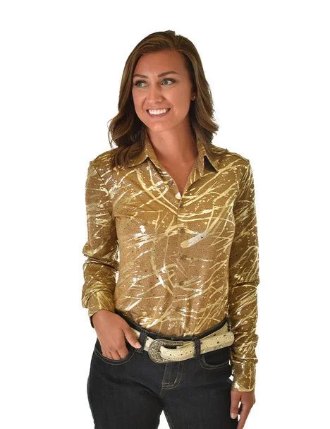 Cowgirl Tuff Womens Metallic Midweight Tan/Gold Polyester L/S Shirt Affordable Trendy Clothes For Women Affordable Trendy Clothes For Women