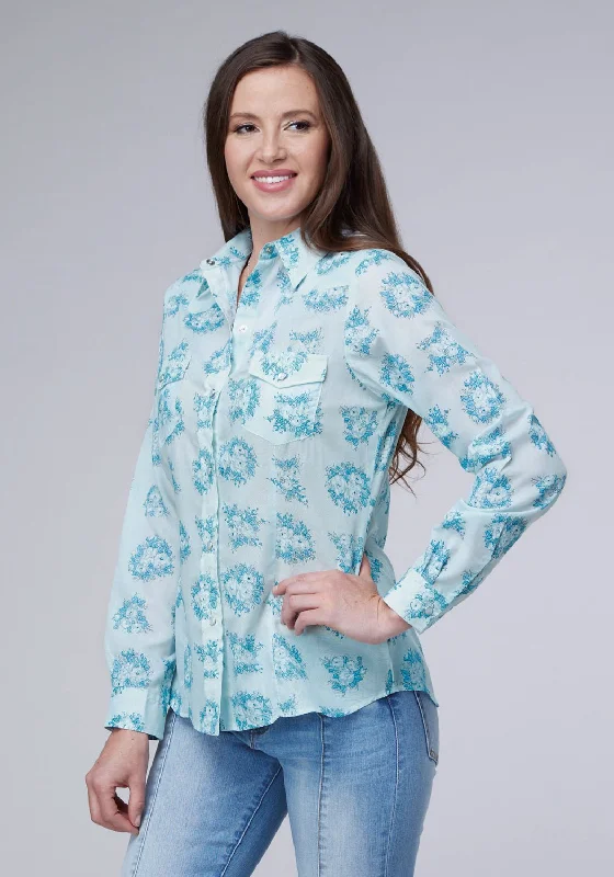 Roper Womens 2066 Floral Print Blue Cotton Blend L/S Shirt Women's Outfit Women's Outfit