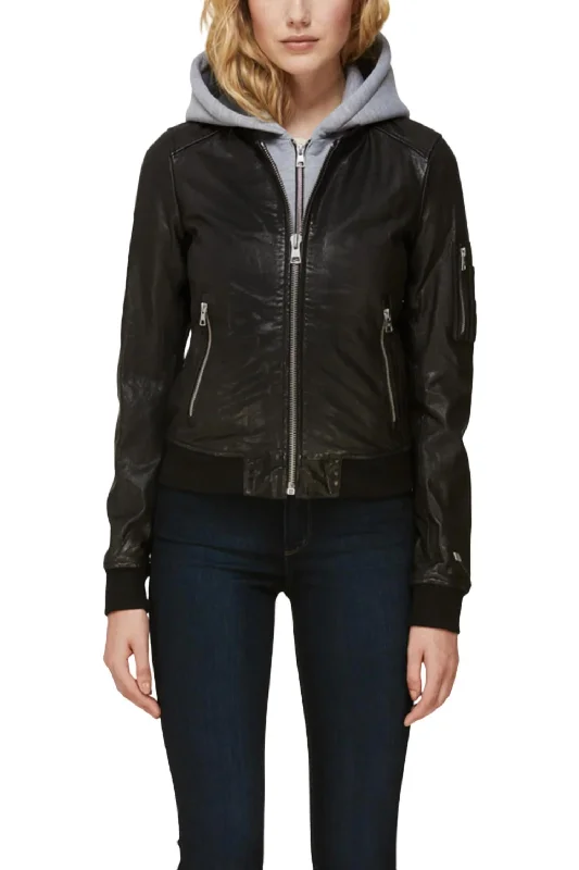 Farica Leather Bomber Jacket In Black Women's Elegant Apparel Women's Elegant Apparel