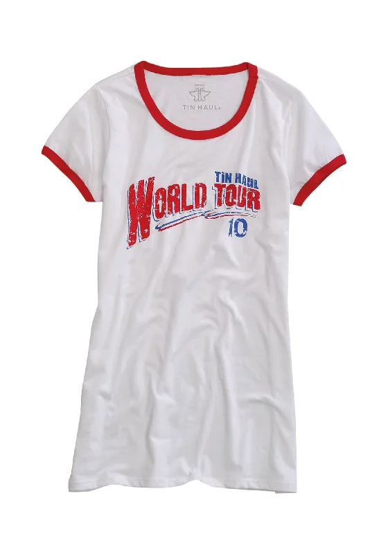 Tin Haul Womens Red/White 100% Cotton World Tour 10 S/S T-Shirt Classic Women's Apparel Classic Women's Apparel