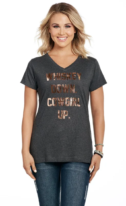 Cowgirl Up Womens Whiskey Down Heather Grey 100% Cotton S/S T-Shirt Women's Functional Outfit For Outdoor Activities Women's Functional Outfit For Outdoor Activities