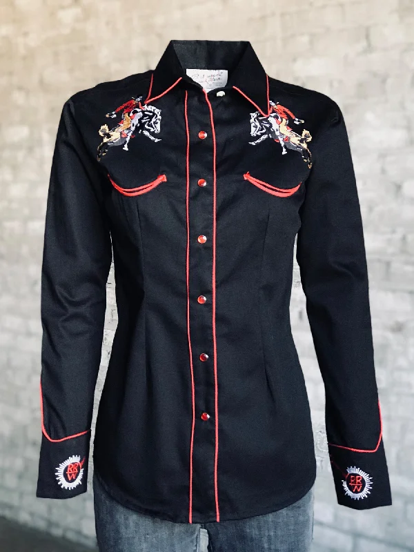 Rockmount Womens Black 100% Cotton Bronc Embroidered Western L/S Shirt Clearance Sale Clearance Sale