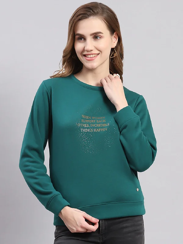 Women Teal Blue Printed Round Neck Full Sleeve Sweatshirts Women's Active Clothing Women's Active Clothing