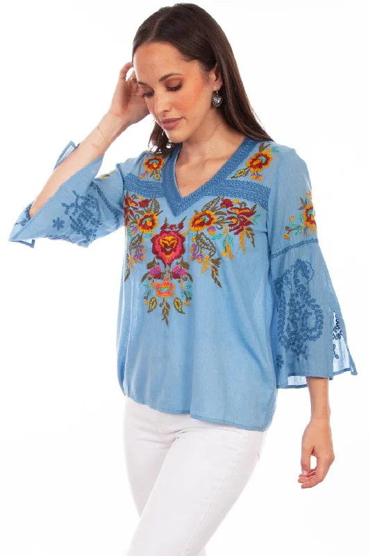 Scully Womens Blue Multi 100% Cotton Detailed Floral S/S Blouse Modern Women's Attire Modern Women's Attire