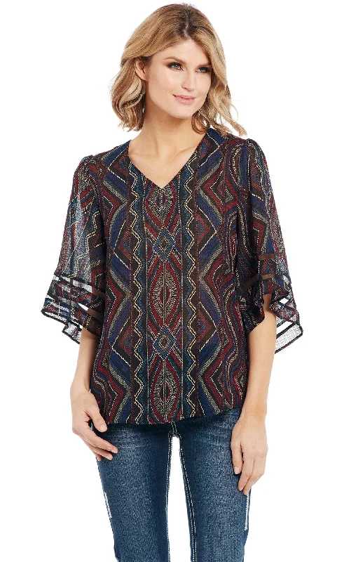 Cowgirl Up Womens Multi-Color Polyester Geometric V-Neck Tunic S/S Women's Occasion Wear Apparel Women's Occasion Wear Apparel