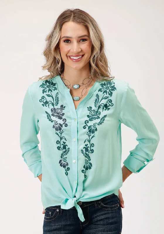 Roper Womens Floral Long Tails Aqua 100% Rayon L/S Blouse Women's Trendy Clothing Women's Trendy Clothing