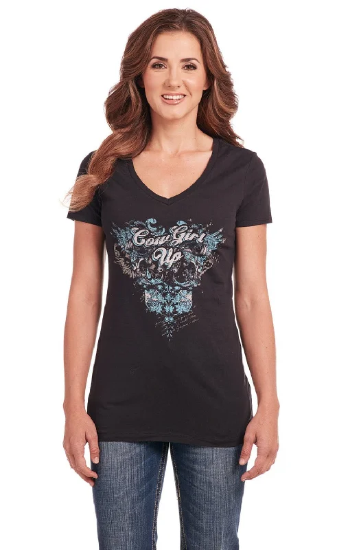 Cowgirl Up Womens Ornate V-Neck Black 100% Cotton S/S T-Shirt Women's Holiday Outfit Women's Holiday Outfit