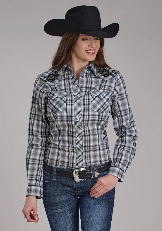 Roper Womens 2126 Plaid Grey/White Cotton Blend L/S Shirt Top 10 Women's Online Clothing Stores Top 10 Women's Online Clothing Stores