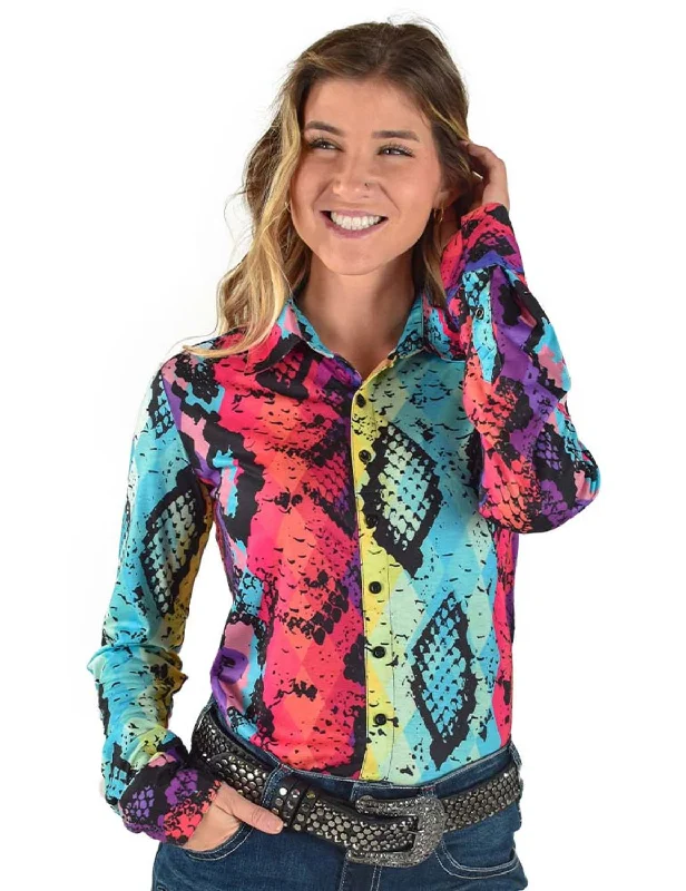 Cowgirl Tuff Womens Snakeskin Pullover Multi-Color Polyester L/S Shirt Women's Sporty Clothes Women's Sporty Clothes