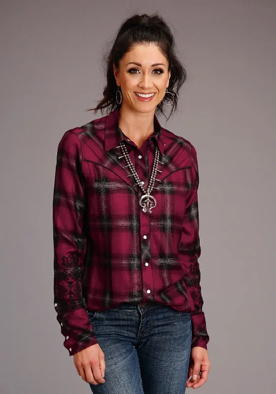 Stetson Womens Western Plaid Wine 100% Rayon L/S Shirt Elegant Clothing For Women Elegant Clothing For Women