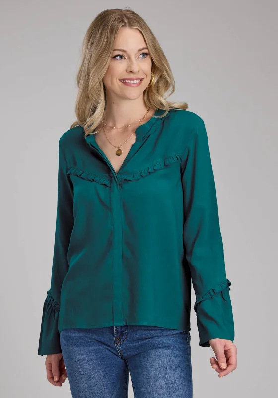 Roper Womens Ruffle Trim Challis Teal 100% Rayon L/S Blouse Sale Clearance Sale Clearance