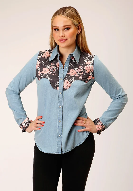 Roper Womens Pretty Retro Blue 100% Cotton L/S Shirt Women's Clothing For Casual Outings Women's Clothing For Casual Outings