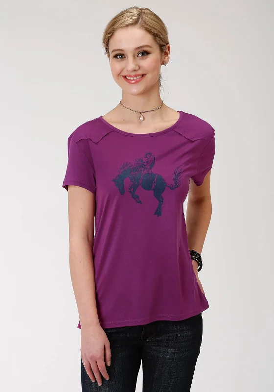 Roper Womens Purple Poly/Rayon Bronc Rider S/S Western T-Shirt Women's Plus-Size Apparel Women's Plus-Size Apparel