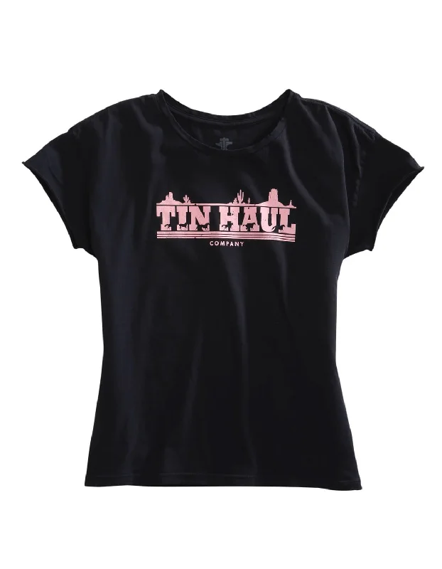 Tin Haul Womens Black 100% Cotton Pink Running Horses S/S T-Shirt Women's Active Outfit For Fitness Women's Active Outfit For Fitness