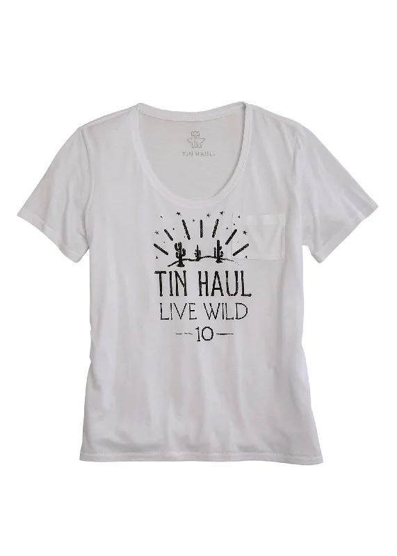 Tin Haul Womens White Polyester Live Wild 10 S/S Cactus T-Shirt Women's Wardrobe Apparel Women's Wardrobe Apparel