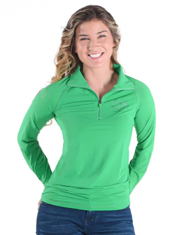 Cowgirl Tuff Womens Cooling UPF Money Green Nylon L/S Shirt Women's Clothes For Work Events Women's Clothes For Work Events