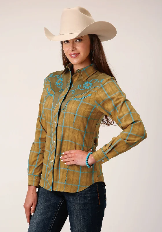 Roper Womens Butterscotch Plaid Yellow Cotton Blend L/S Shirt Women's Formal Apparel Women's Formal Apparel