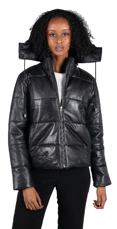 Short Hooded Leather Puffer Jacket Women's Casual Garments Women's Casual Garments