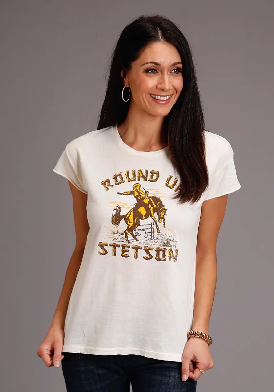 Stetson Womens Cream/White 100% Cotton Round Up S/S T-Shirt Women's Vacation Garments Women's Vacation Garments