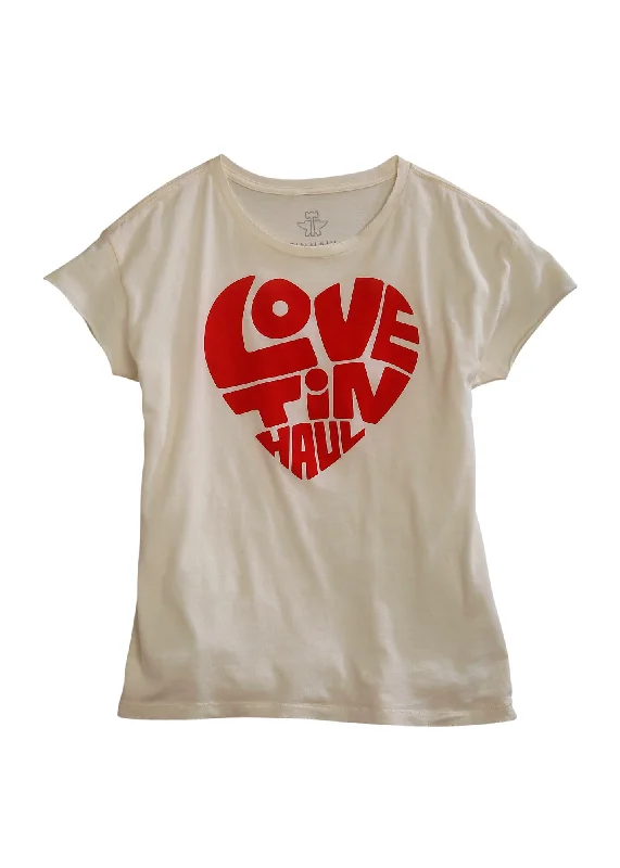 Tin Haul Womens White 100% Cotton Love Heart S/S T-Shirt Women's Elegant Apparel Women's Elegant Apparel