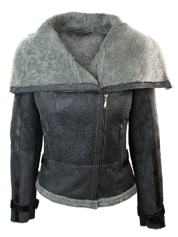 Short Biker Shearling Sheepskin Jacket Women's Everyday Attire Women's Everyday Attire