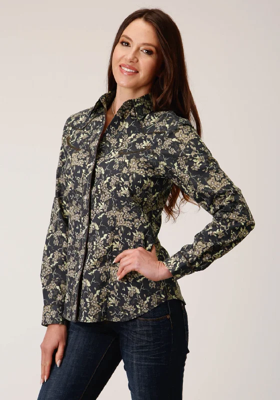 Roper Womens Vintage Dark Floral Black Cotton Blend L/S Shirt Women's Luxury Apparel Women's Luxury Apparel