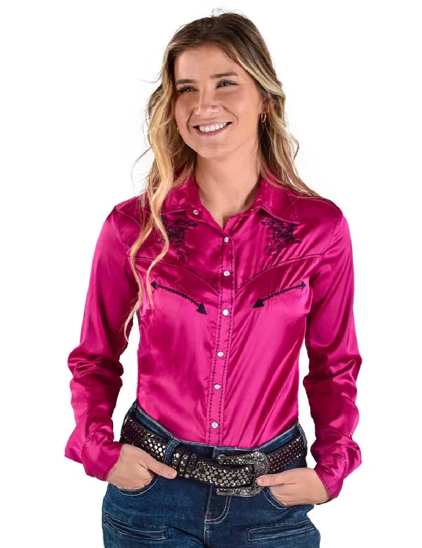 Cowgirl Tuff Womens Stretch Satin Pullover Pink/Black Polyester L/S Shirt Women's Clothing For Outdoor Activities Women's Clothing For Outdoor Activities