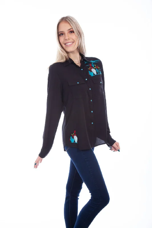 Scully Womens Cactus Embroidered Black 100% Viscose L/S Shirt Fashionable Casual Tops Fashionable Casual Tops