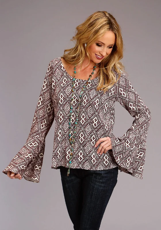 Stetson Womens Aztec Print Wine/White 100% Rayon L/S Blouse Online Clothing Boutiques Online Clothing Boutiques