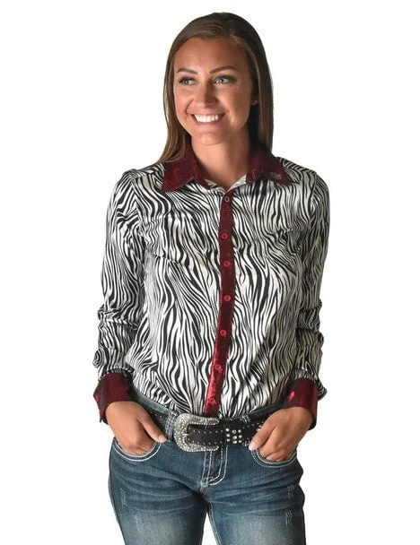 Cowgirl Tuff Womens Zebra Metallic Black/White Polyester L/S Shirt Women's Outdoor Attire Women's Outdoor Attire