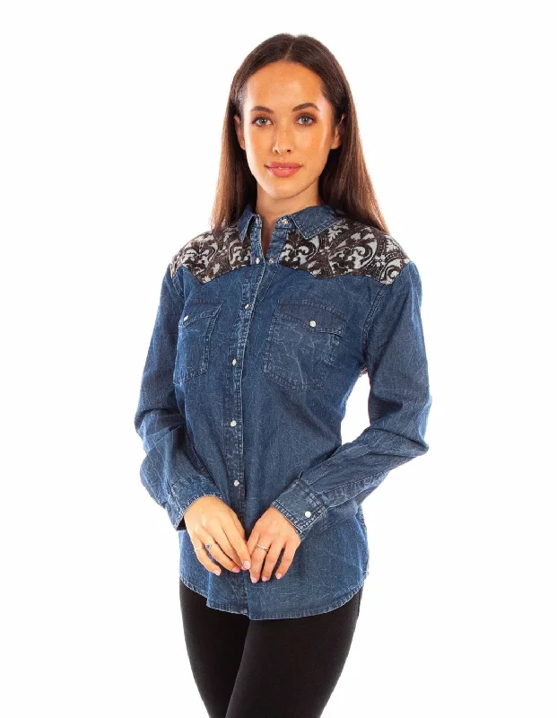 Scully Womens Jacquard Back Denim 100% Cotton L/S Blouse Women's Clothes Women's Clothes