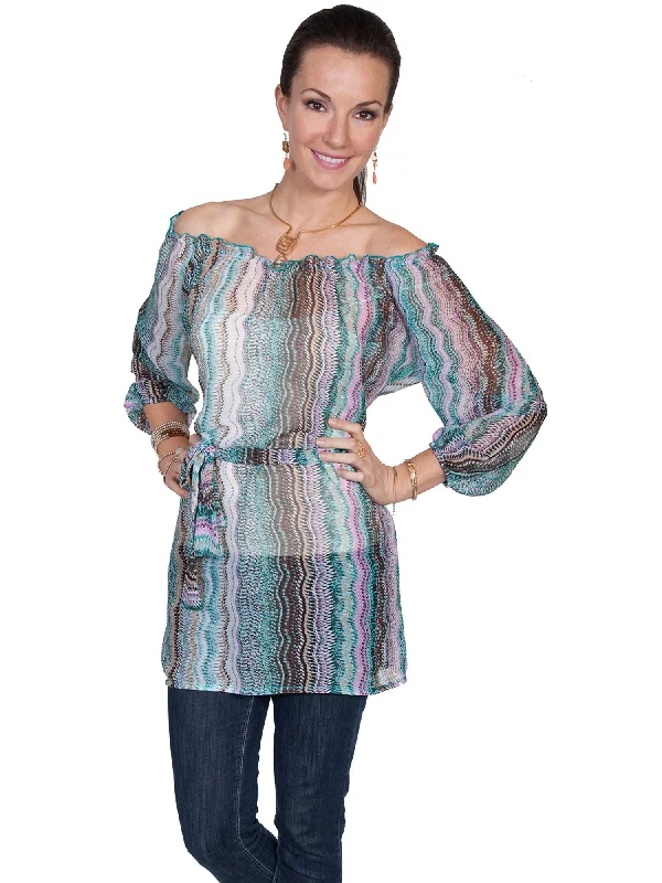 Scully Womens Aqua Polyester Off Shoulder S/S Tunic Women's Chic Apparel Women's Chic Apparel