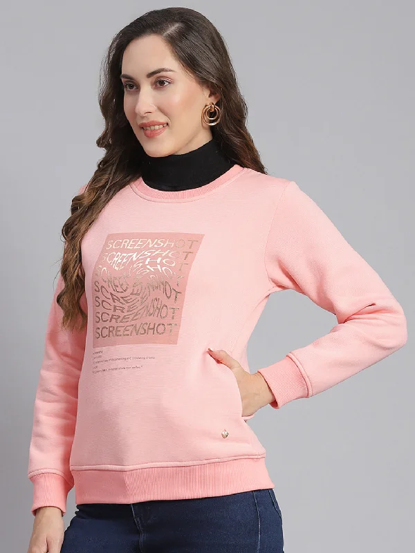 Women Pink Printed Round Neck Full Sleeve Sweatshirts Affordable Trendy Clothes For Women Affordable Trendy Clothes For Women