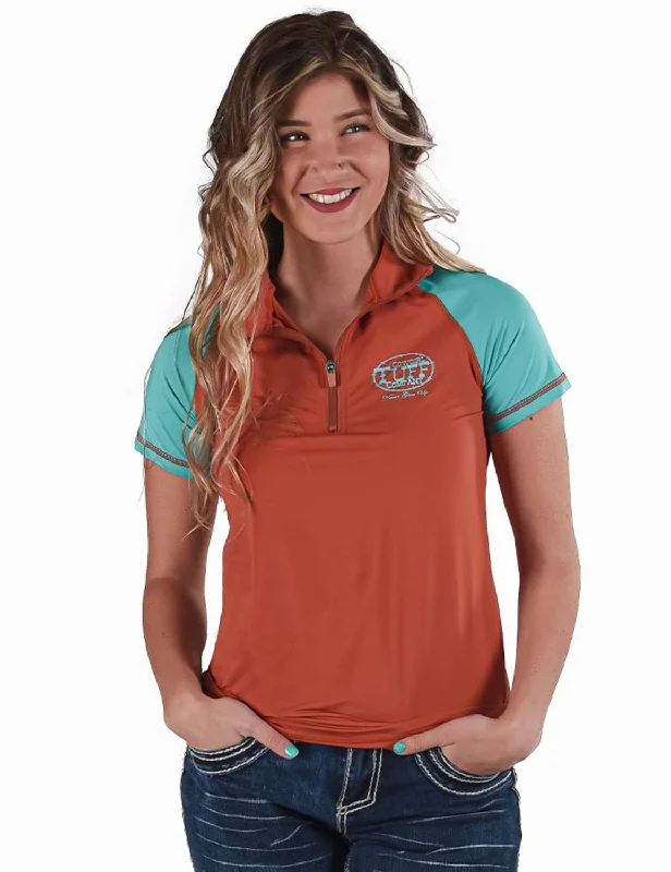 Cowgirl Tuff Womens Quarter Zip Cooling UPF Rust/Turquoise Nylon S/S T-Shirt Women's Fashion Clothing Women's Fashion Clothing