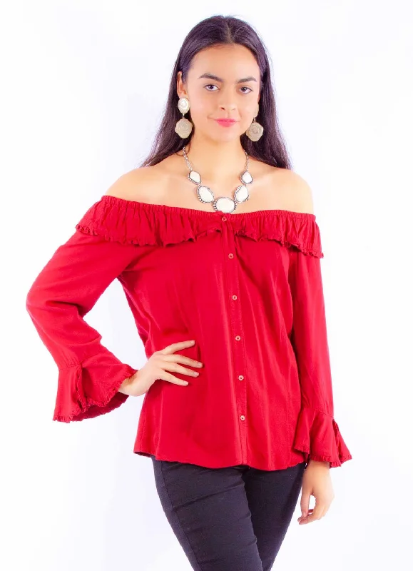 Scully Womens Drapey Silhouette Red 100% Rayon L/S Blouse Women's Tops And Clothing Women's Tops And Clothing