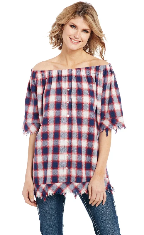 Cowgirl Up Womens Red/Blue 100% Cotton Raw Edge Fringe Plaid Tunic S/S Affordable Luxury Women's Apparel Affordable Luxury Women's Apparel