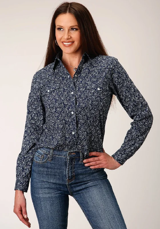 Roper Womens 1498 Floral Navy/White Cotton Blend L/S Shirt New Arrival Discount New Arrival Discount